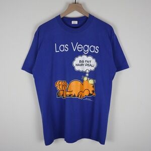 Vintage Garfield Big Fat Hairy Deal Las Vegas Shirt Velva Sheen Blue Large 21x29